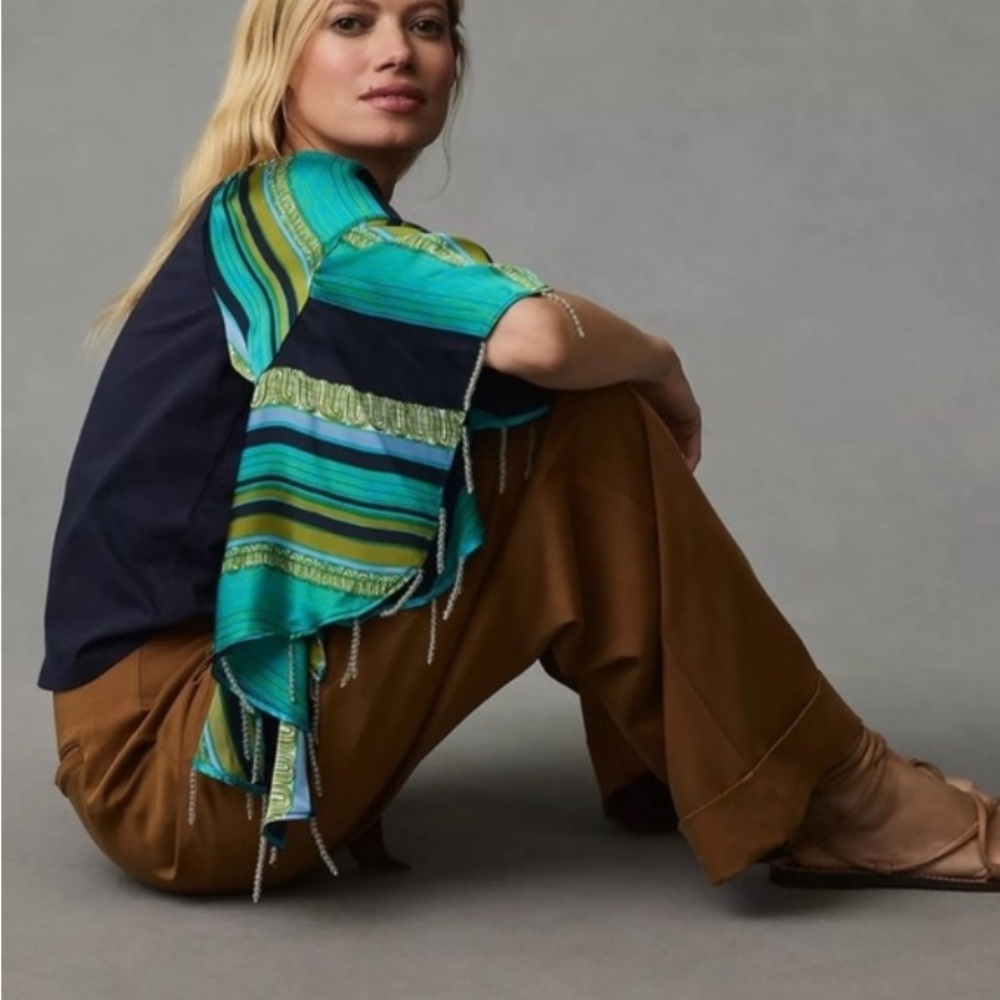 Anthropologie TINY Blue Green Beaded Bell Sleeve Top Size XS Flowy Boho Coastal - Picture 2 of 14